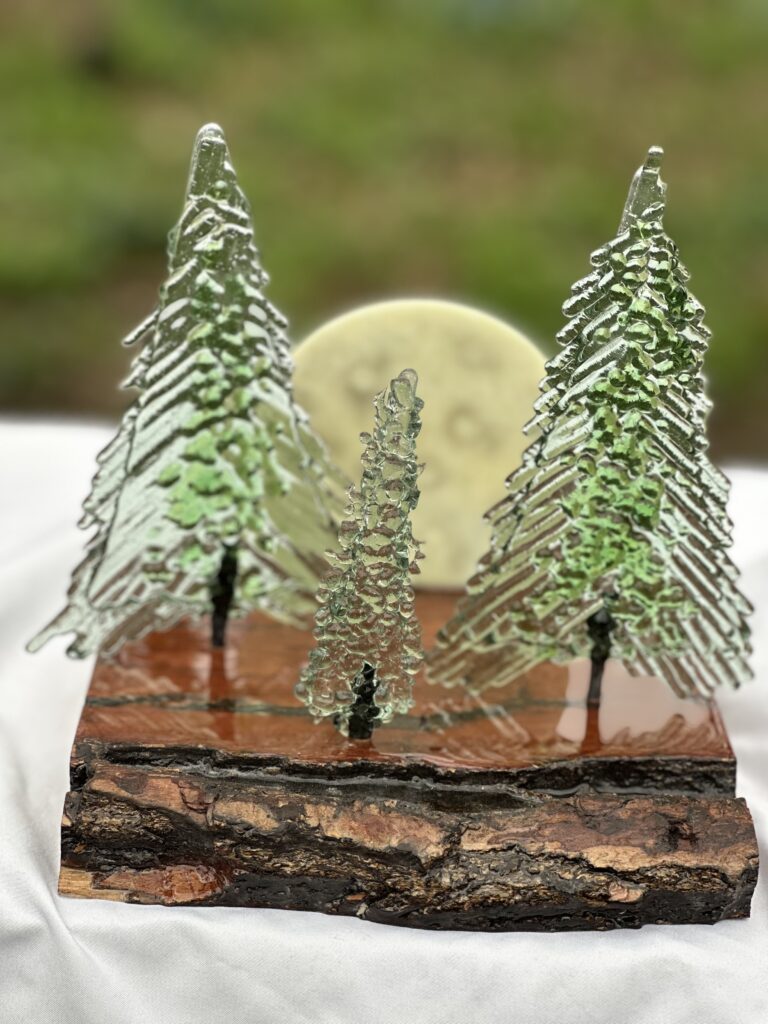 3 fused glass Trees & moon on a wood base